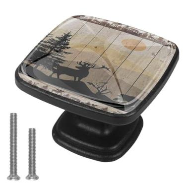 Imagem de LRCCJS Placa de madeira de veado urso preto vintage animais da floresta, 4 peças, puxadores de gaveta pretos transparentes, puxadores de gaveta de vidro ABS com parafusos, ferragens para banheiro
