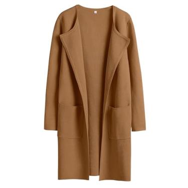 Imagem de Cardigã feminino ANRABESS Longo, casual, de malha com frente aberta, leve, casaco feminino para outono 2025, agasalho, Caramel, P