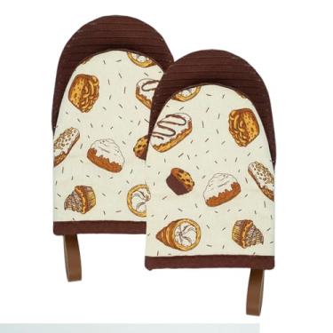 Imagem de Folkulture Mini luvas de forno resistentes ao calor | (5,75 x 9) conjunto de 2 luvas de forno curtas com laço para pendurar | Luvas de forno 100% algodão ou luvas de cozinha | Pequenos moldes de forno