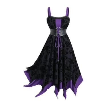 Imagem de Vestido feminino Rosegal plus size gótico vintage em camadas espartilho com babados com renda rosa flocagem midi gótico Halloween vestido fantasia de bruxa (roxo_1/2X)