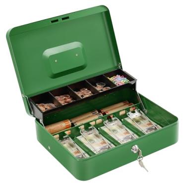 Imagem de SAFECaixa com chave de bloqueio e bandeja de dinheiro – Caixa grande para caixa registradora, caixa de metal para cofre de dinheiro, 30 x 23,9 x 9 cm, verde