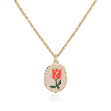 Imagem de Colar feminino com pingente de flor de tulipa delicada, banhado a ouro, vintage, esmaltado, formato oval, floral, ajustável, corrente gargantilha, gargantilha para festas de casamento, joias modernas