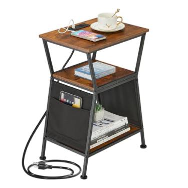 Imagem de Mesa de canto com estação de carregamento USB integrada – 3 prateleiras + 2 bolsos de armazenamento, pés ajustáveis, parte superior compacta de 30 x 40 cm, ideal para telefones e controle remoto (61