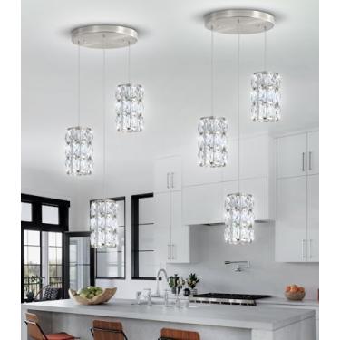 Imagem de 3 luzes pendentes de cristal modernas para ilha de cozinha LED regulável glamourosa lustre de iluminação pendente para sala de jantar corredor lâmpada de canto níquel