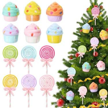 Imagem de Liliful Conjunto de 12 peças de decoração de Natal Candyland, pirulito falso e cupcake de lã, enfeite de pendurar árvore de doces feltrado para decoração de festa de Natal em casa