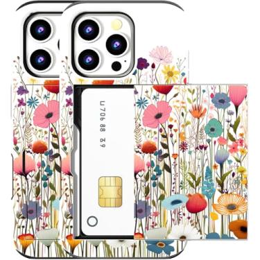 Imagem de MUQR Capa para iPhone 15 Pro Max compatível com porta-cartão fofo - Capa tipo carteira robusta com design Kawaii, proteção contra quedas de grau militar (flores brancas do campo)