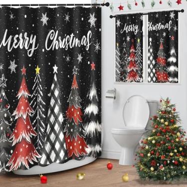 Imagem de Culudea Cortina de chuveiro Christams Trees flocos de neve com conjunto de cortinas de janela combinando, preto xadrez listrado abeto pinho waffle tecido texturizado cortinas de chuveiro à prova