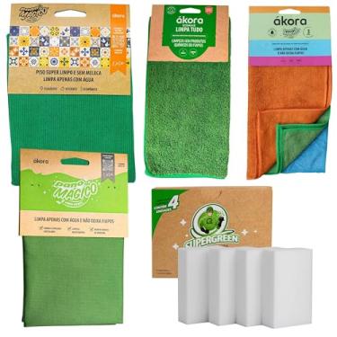 Imagem de Kit 10pcs: Panos Mágico Para Limpeza Geral Chão Piso Vidros + Esponja Melamina Cozinha Ákora (Pano Limpa Tudo Verde Claro)