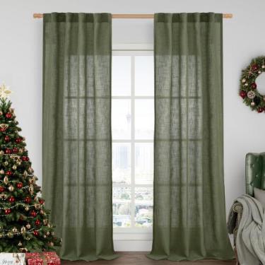 Imagem de Cortinas LAMIT, verde oliva, linho, 213 cm de comprimento, 2 painéis