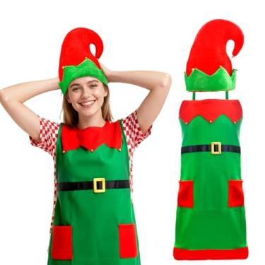 Imagem de Abitoncc Conjunto de avental e chapéu de elfo de Natal – fantasia de elfo vermelho e verde para adultos, avental de cozimento de férias com chapéu de elfo, roupa engraçada de festa de Natal, cozinha e