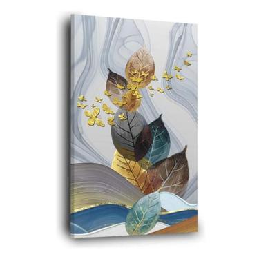 Imagem de Quadro Canvas Folhagem Colorida Borboletas Douradas 90x60 - Casa Real 