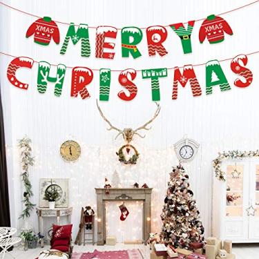 Imagem de Faixa de Feliz Natal - Placa de Natal de papel premium com para lareira interna, parede, janelas decoração festiva tradicional bandeira de Natal