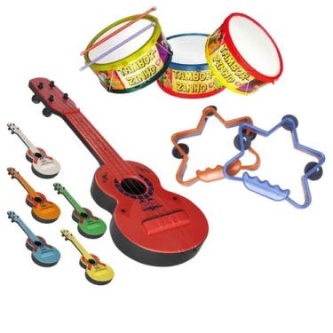 Imagem de Kit Musical Infantil Brinquedo Tambor + Pandeiro Estrela + Guitarra - 