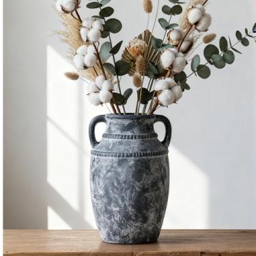 Imagem de Lvases Vaso de cerâmica rústico com alças, 28 cm cinza-branco texturizado moderno terracota vasos vintage para decoração de casa centros de mesa cerâmica celeiro móveis decorativos (alto - C)