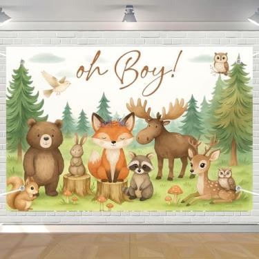 Imagem de Faixa de fundo de aniversário para chá de bebê da floresta Oh Boy Banner de aniversário floresta animais fotografia fundo floresta floresta animais montanha deserto suprimentos de festa decorações 5 ×