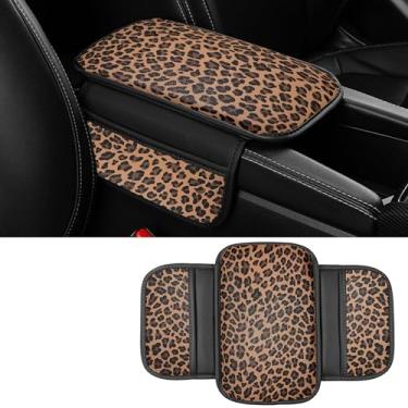 Imagem de Dotesy Capa de console central de carro padrão de vaca, almofada de couro de microfibra para apoio de braço de carro com 2 sacos de armazenamento, caixa de armazenamento universal para carro