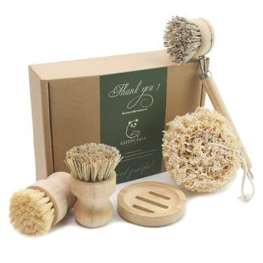 Imagem de Conjunto de 5 escovas de limpeza de pratos naturais, escova de limpeza de cozinha de madeira, esponja de louça, dispensador de sabão e escova ecológica Fridenly com fibra de coco natural
