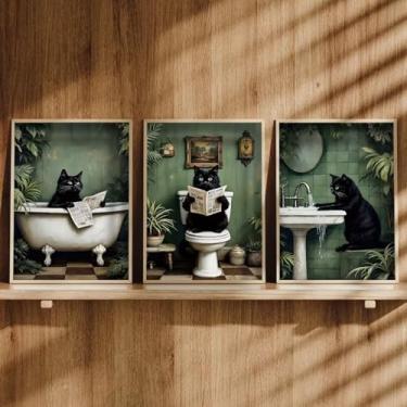 Imagem de 3 peças de gatos lendo jornal banheiro 20 x 30 cm arte de parede presente para casa moderna, escritório, sala de estar, decoração de quarto, pôster de tela sem moldura presente de arte de parede