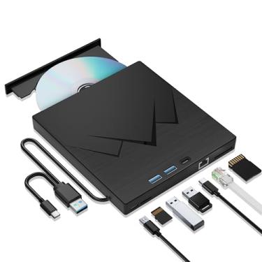 Imagem de Unidade externa de CD/DVD 7 em 1 para laptop com porta LAN, leitor de DVD portátil para laptop com adaptador Ethernet porta SD/TF, unidade de DVD externa com USB 3.0/tipo C, unidade de CD USB para PC