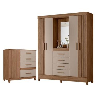 Imagem de Guarda Roupa Solteiro Com Espelho Atenas E Cômoda Vênus Com Pés Carvalho Fendi - Moval
