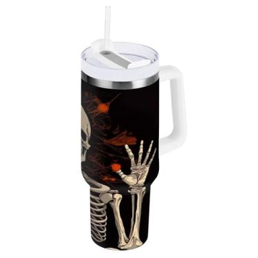 Imagem de STAYTOP Copo de caveira engraçado de 850 g com tampa e canudo, à prova de vazamento, durável, copo isolado de aço inoxidável com alça, garrafas de água à prova de derramamento para viagens