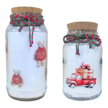 Imagem de Jogo 2 Potes Hermeticos Vidro Decorado Natal Tampa Rolha Cozinha Organização Decoração(Ursos Carrinho)
