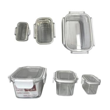Imagem de Conjunto 3 Potes Herméticos Retangulares, Polipropileno Transparente com Branco, 50ml 150ml 350ml, Travas Laterais, Empilháveis, para Conservação de Alimentos