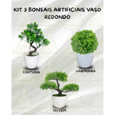 Imagem de Genérico, Kit 3 Bonsai Plantas Artificiais Decorativos Verde Realista Toque Zen Moderno Vaso Redondo