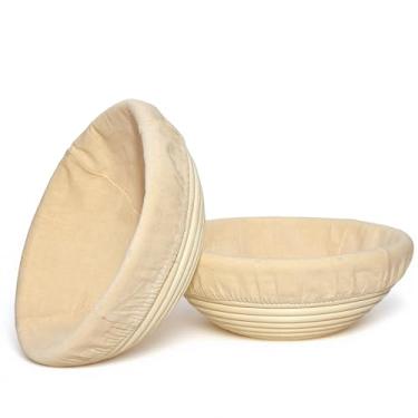 Imagem de Conjunto de 2 cestas Banneton à prova de pão – 21 cm redondas e ovais de 25 cm com forros | Forma de vime natural para assar pão artesanal | Presente ideal para padeiros caseiros