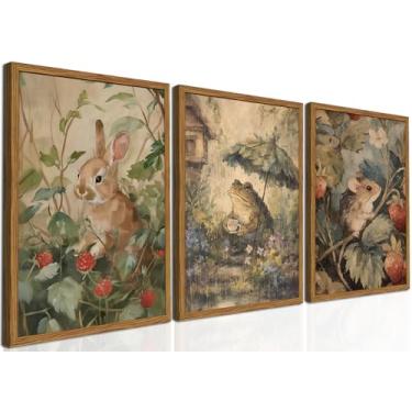 Imagem de Conjunto de 3 peças de arte de parede vintage emolduradas Cottagecore, ratos de coelho, sapo, imagens de parede, pinturas botânicas de animais rústicos, impressões em tela para berçário, sala de estar