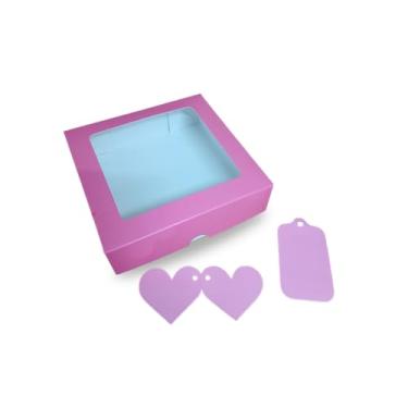 Imagem de Caixa de Presente, Cosmético ou Artesanatos com Visor + Tags | 15x15x4cm | Estampa Natal, Flores, Coração(Rosa,05)