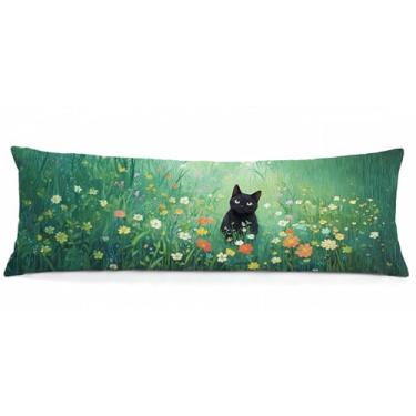 Imagem de WARDOS Capa de travesseiro floral preto de gato 51 x 132 cm, presentes para amantes de gatos, presentes de gato para o dia das mães, gatos no campo verde prado decorativo longo corpo abraço capas de