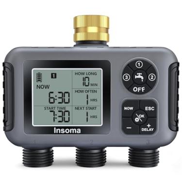 Imagem de Insoma Temporizador de água com entrada de latão, temporizador de mangueira externa de 3 zonas independentes para torneira de jardim com modo de atraso automático/manual/chuva, à prova d'água IPX5