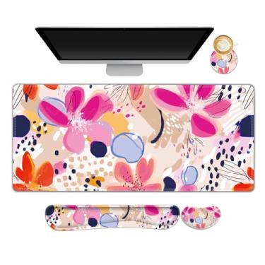 Imagem de ARTSO Conjunto de mouse pad de descanso de pulso com teclado, mouse pad estendido para jogos + suporte de pulso para teclado, almofada de mesa de flores abstratas ergonômicas de espuma viscoelástica
