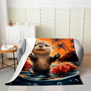 Imagem de Erosebridal Lindo cobertor de lã de lontra para crianças, lago, mar, oceano, animais, cobertor de flanela para meninos, adolescentes, adultos, desenho animado lontra, pelúcia felpuda, palmeiras