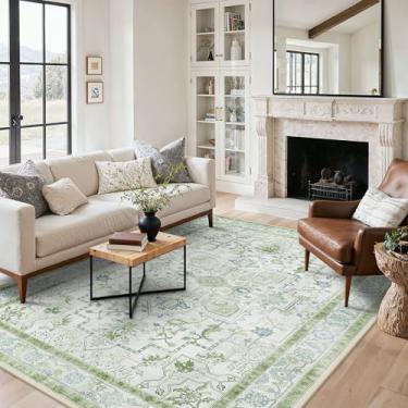 Imagem de BESBLEE Tapetes de área para sala de estar, lavável à máquina, tapetes vintage antiderrapantes, tapete de impressão leve de pilha baixa para quarto, sala de jantar, escritório em casa, verde creme