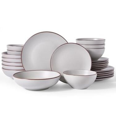 Imagem de Famiware Venus Conjunto de louça salpicada com tigelas de macarrão, serviço para 4 (16 peças), conjuntos de pratos de grés e tigelas duplas, pratos seguros para micro-ondas e lava-louças com