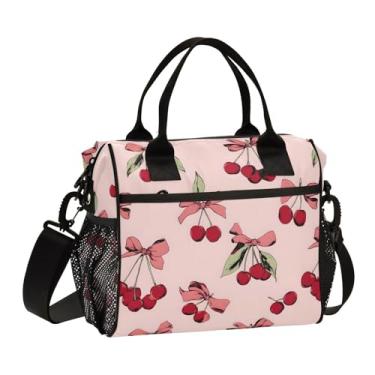 Imagem de ALAZA Lancheira com laço cereja adorável lancheira térmica reutilizável grande lancheira bolsa de ombro para trabalho, piquenique, escola, M