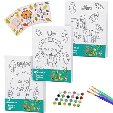 Imagem de Artkey Tela pré-desenhada para pintura, conjunto de tela impressa de 12,7 x 18 cm, pacote com 39-3 telas esticadas, 24 potes de tinta acrílica, 9 pincéis, 3 representações (leão, zebra, elefante)