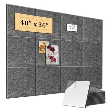 Imagem de QUEENLINK Quadro grande de cortiça para parede, 122 x 91 cm, pacote com 12 azulejos de parede de feltro, quadro de avisos de escritório, placa de dardos alternativa, 120 pinos, cinza