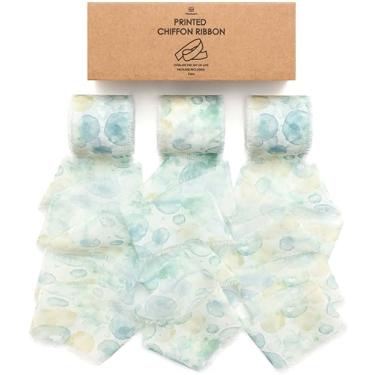 Imagem de Vitalizart Fita de seda de chiffon 3,8 cm x 55,8 m, padrão de folha floral, para artesanato, buquê, casamento, papel de embrulho, escritório, decoração de casa, chá de bebê, franja desgastada