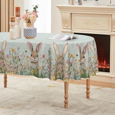 Imagem de Horaldaily Toalha de mesa de Páscoa 152 × 213 cm, oval, flores verdes de coelhinho da Páscoa, lavável, capa de mesa sazonal para decoração de festa, piquenique, jantar