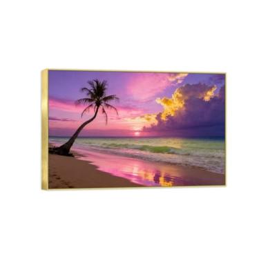 Imagem de Quadro dourado arte de parede paisagem impressões em tela - palmeira mar nuvens roxas - pintura de decoração - imagens para quarto 50 x 75 cm 20 x 30 pol