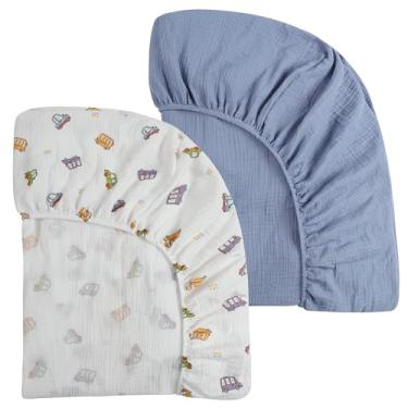 Imagem de Onacosht Lençóis de musselina para berço de 99 x 68,5 cm, pacote e jogo de lençol com colchão para meninos e meninas, pacote com 2, carro e azul liso