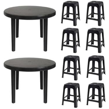 Imagem de 2 Mesas Redondas Desmontáveis de Plástico 94cm Preta + 8 Banquetas Empilháveis