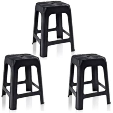 Imagem de Kit 3 Banquetas de Plástico Preta Banquinho Empilhável