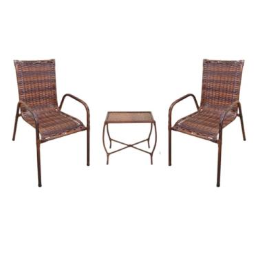 Imagem de Kit 2 Cadeiras com Mesa Fibra Junco Sintético Móveis para Área Externa Jardim e Pátio Resistente ao Ar Livre
