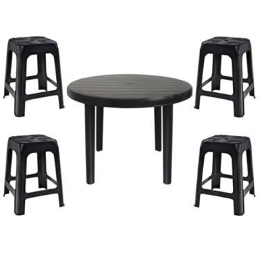 Imagem de Mesa Redonda Desmontável de Plástico 94cm Preta + 4 Banquetas Empilháveis