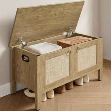 Imagem de SICOTAS Banco de sapateira de vime com armazenamento na parte superior elevada: banco de entrada de armário de sapatos boho largo com dobradiças de segurança, baú de brinquedo de armazenamento de