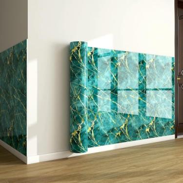 Imagem de Papel de parede grade de grão de madeira com folha dourada textura de mármore autoadesivo à prova d'água e à prova de umidade para sala de estar, banheiro e cozinha, renovação, reino verde 40 * 300 cm